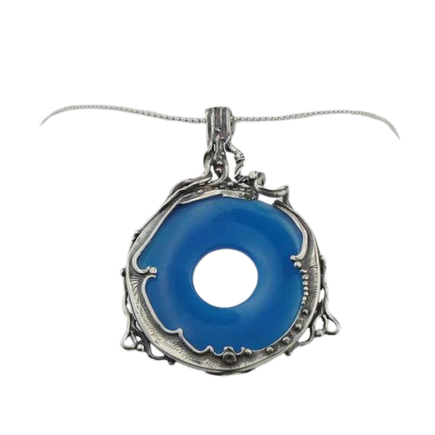 A HUGE 40mm Genuine natural Blue agate stone held by a beautiful sculpture of 925 sterling silver, Israeli jewelry, Israeli design, gift for her, unisex jewelry, unisex pendant, round blue agate pendant, boho chic jewelry, made in Israel