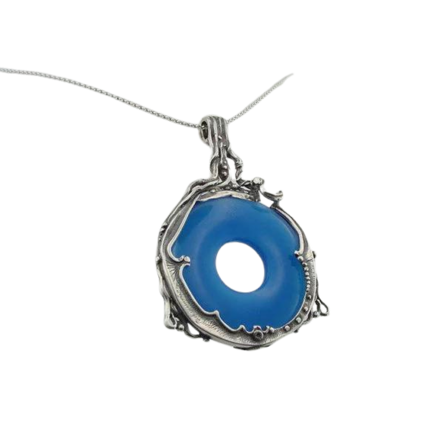 A HUGE 40mm Genuine natural Blue agate stone held by a beautiful sculpture of 925 sterling silver, Israeli jewelry, Israeli design, gift for her, unisex jewelry, unisex pendant, round blue agate pendant, boho chic jewelry, made in Israel