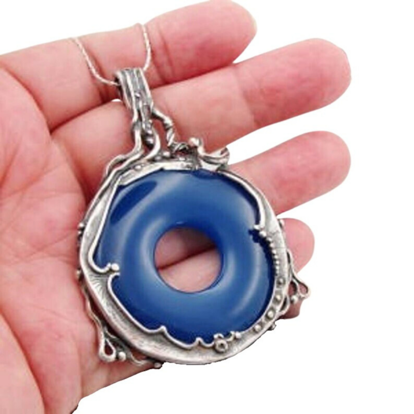 A HUGE 40mm Genuine natural Blue agate stone held by a beautiful sculpture of 925 sterling silver, Israeli jewelry, Israeli design, gift for her, unisex jewelry, unisex pendant, round blue agate pendant, boho chic jewelry, made in Israel