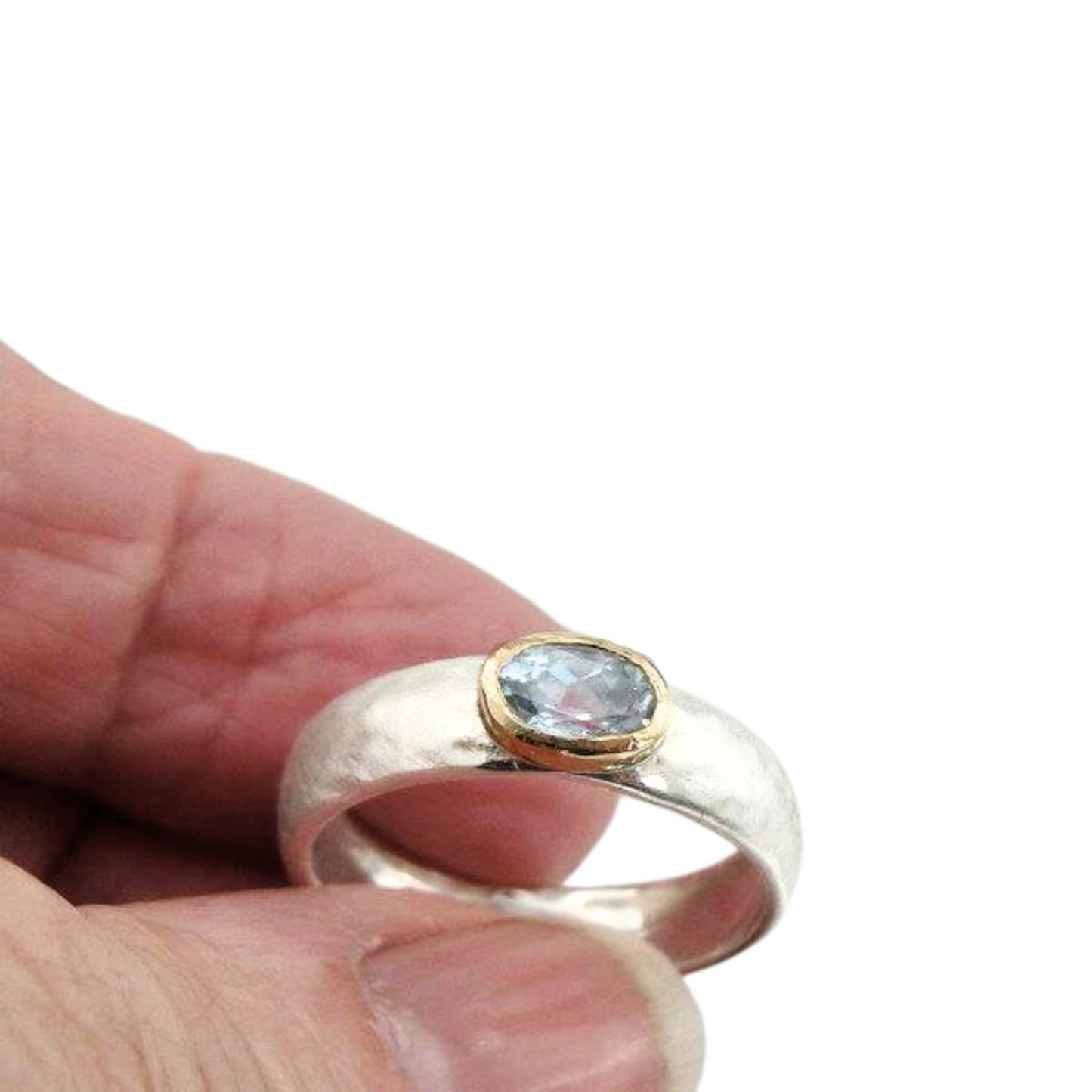 Blue Topaz Ring, Sterling Silver and Gold Ring with Natural Blue Topaz - Elegant Two-Tone Band - Customizable