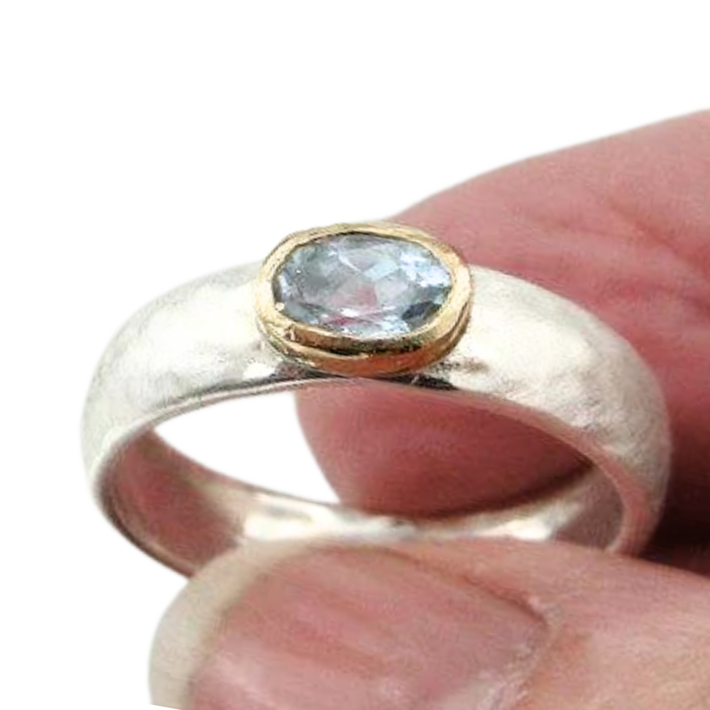 Blue Topaz Ring, Sterling Silver and Gold Ring with Natural Blue Topaz - Elegant Two-Tone Band - Customizable