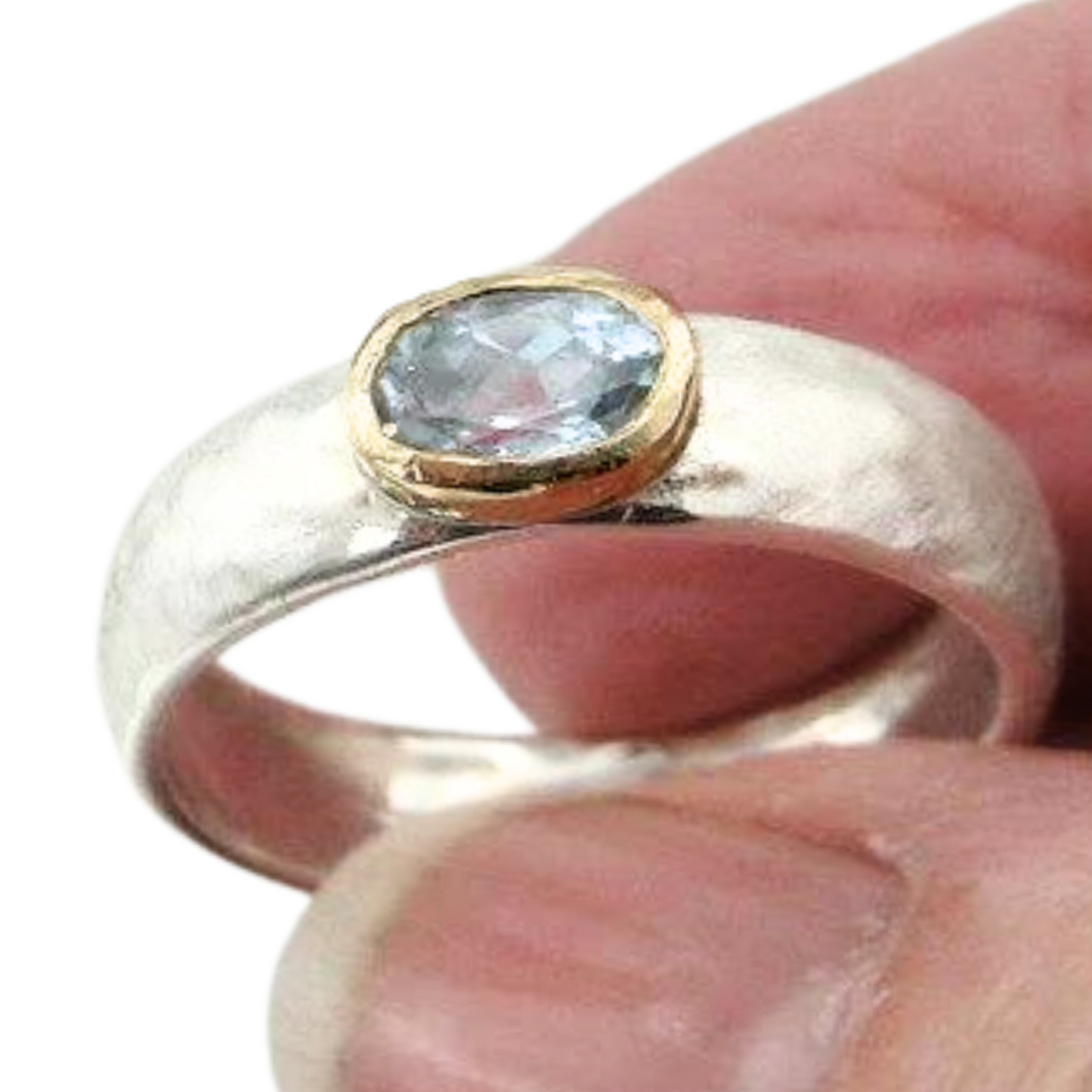 Blue Topaz Ring, Sterling Silver and Gold Ring with Natural Blue Topaz - Elegant Two-Tone Band - Customizable