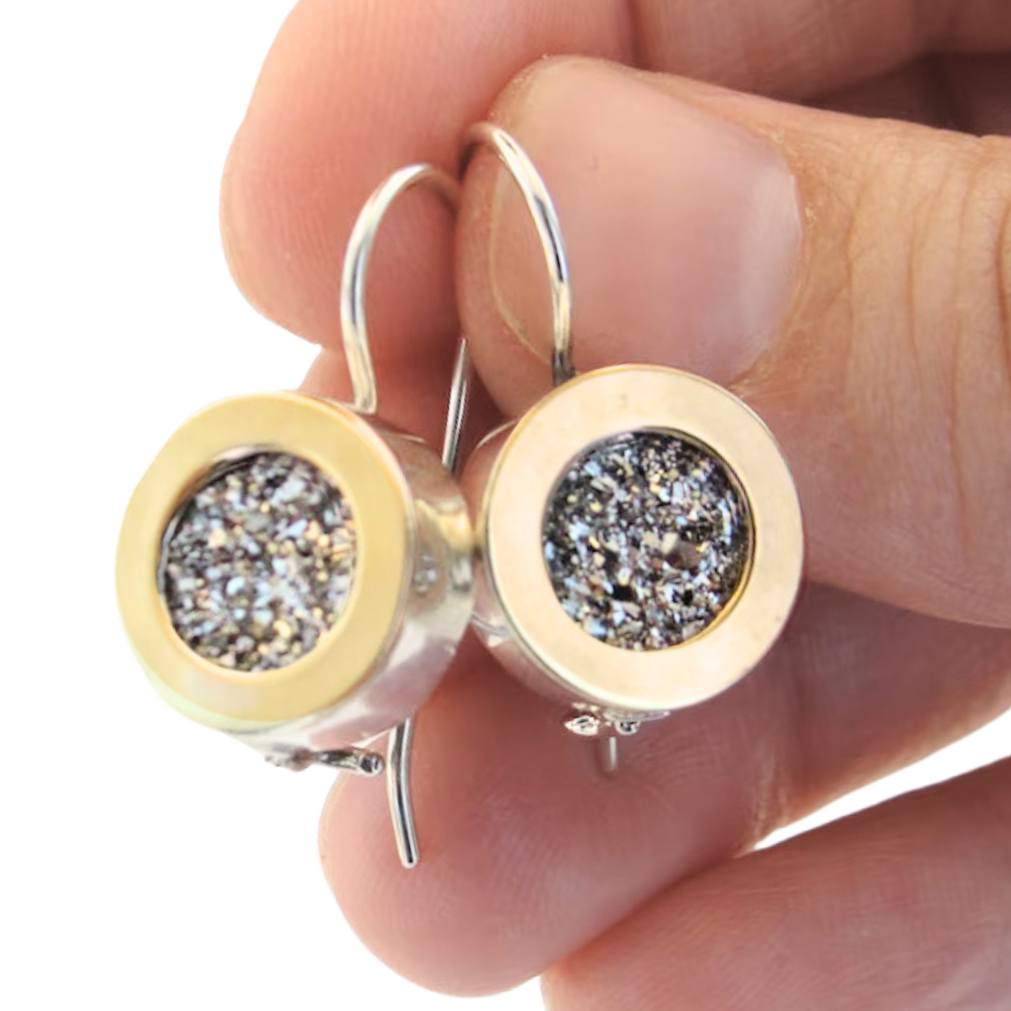 Sterling silver dangle earrings, decorated with yellow gold and druzy gemstone.
