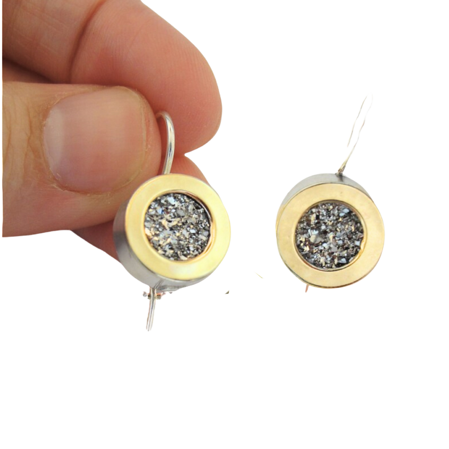 Sterling silver dangle earrings, decorated with yellow gold and druzy gemstone.
