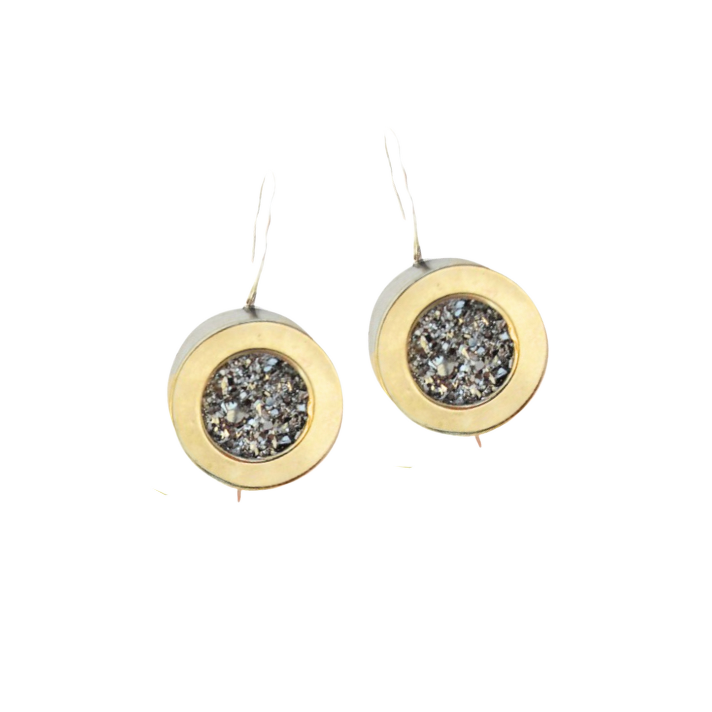 Sterling silver dangle earrings, decorated with yellow gold and druzy gemstone.Sterling silver dangle earrings, decorated with yellow gold and druzy gemstone.