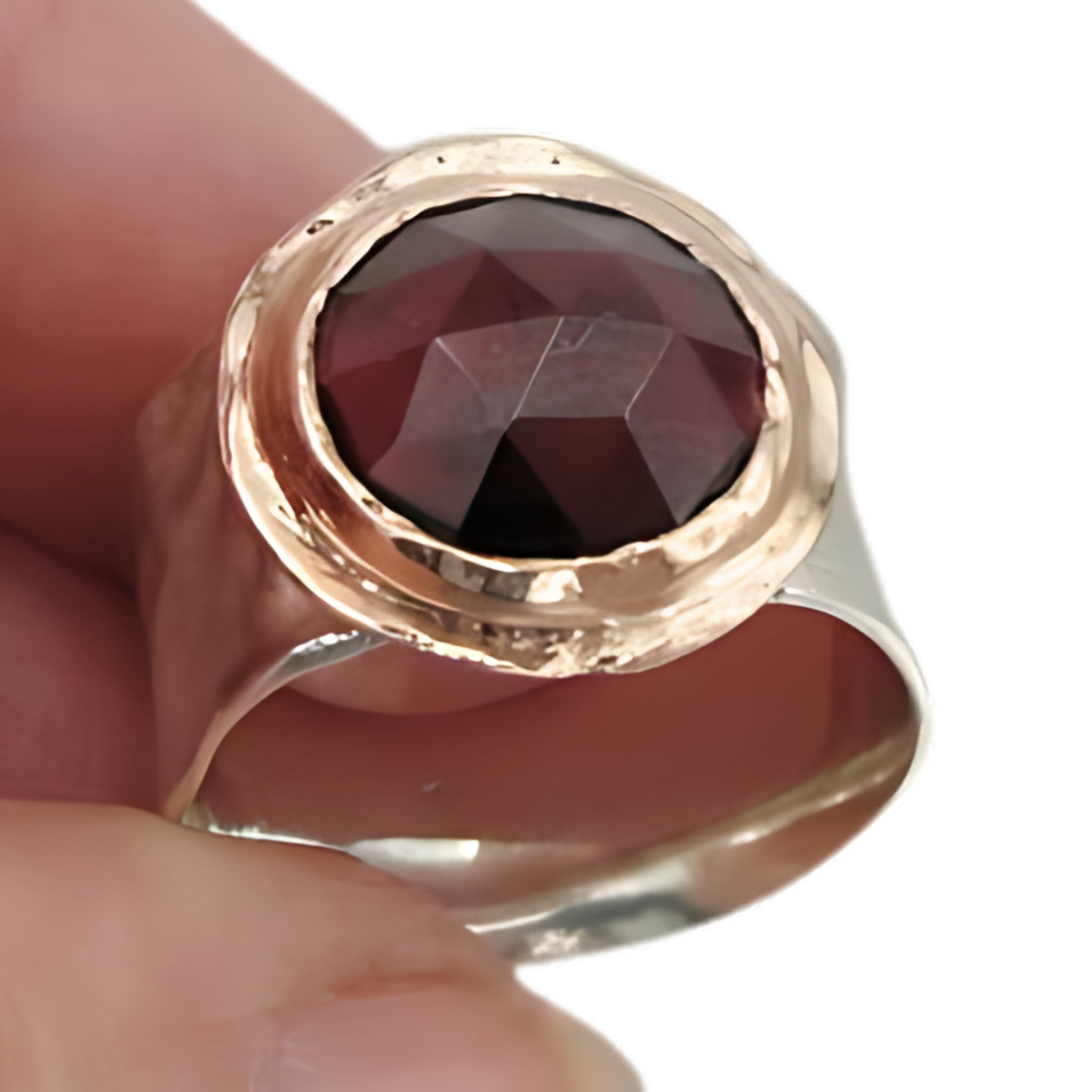 Sculptural sterling silver Ring with Natural Garnet gemstones, decorated with 9K Red Gold<br>Wide Ring, silver & gold ring, statement ring.