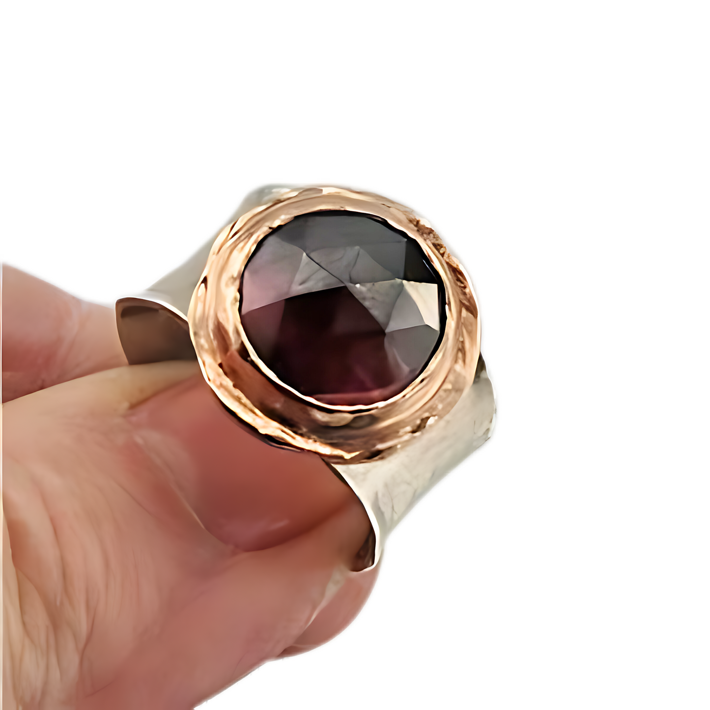 Sculptural sterling silver Ring with Natural Garnet gemstones, decorated with 9K Red Gold<br>Wide Ring, silver & gold ring, statement ring.