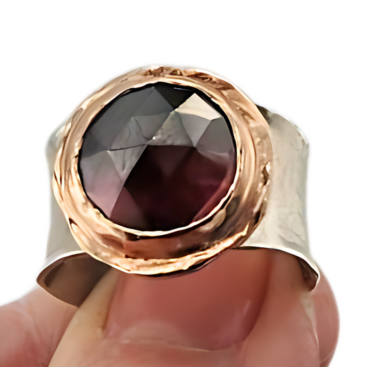 Sculptural sterling silver Ring with Natural Garnet gemstones, decorated with 9K Red Gold<br>Wide Ring, silver & gold ring, statement ring.