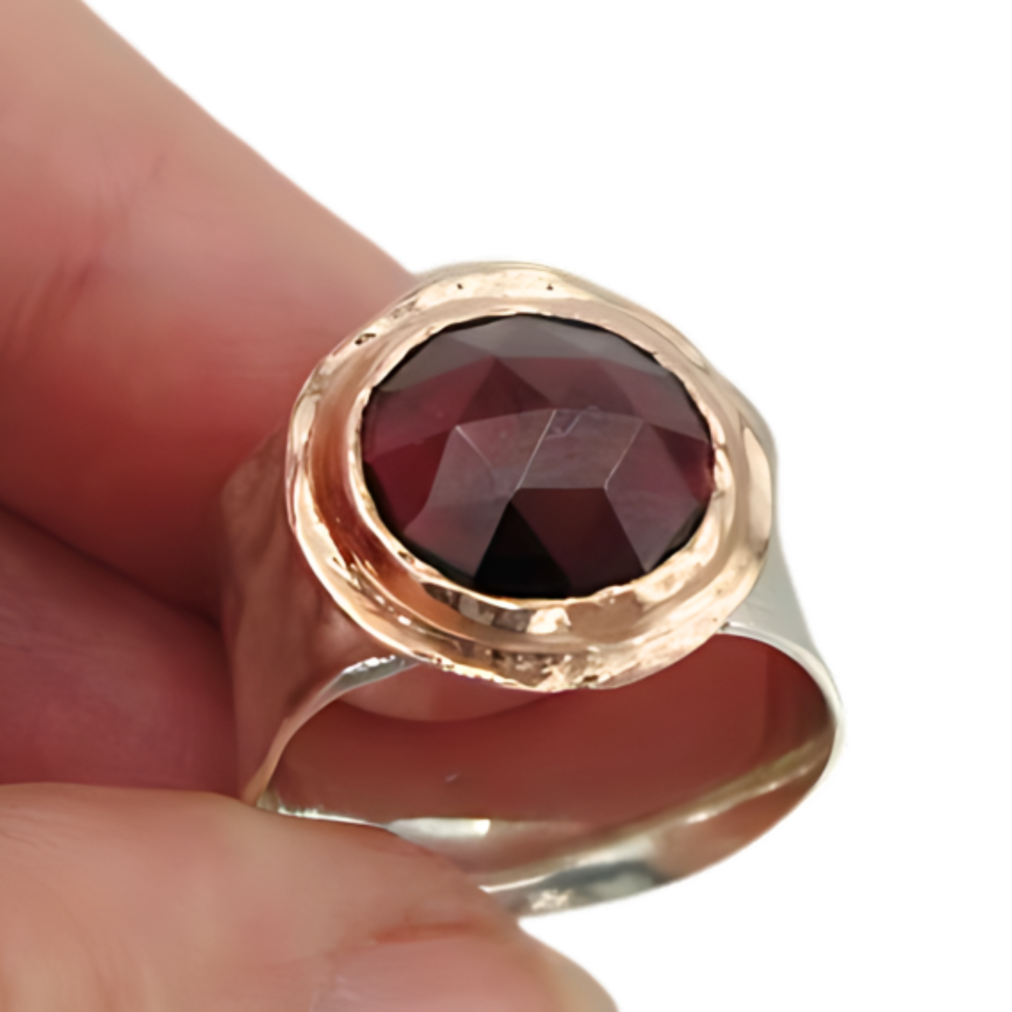 Sculptural sterling silver Ring with Natural Garnet gemstones, decorated with 9K Red Gold<br>Wide Ring, silver & gold ring, statement ring.