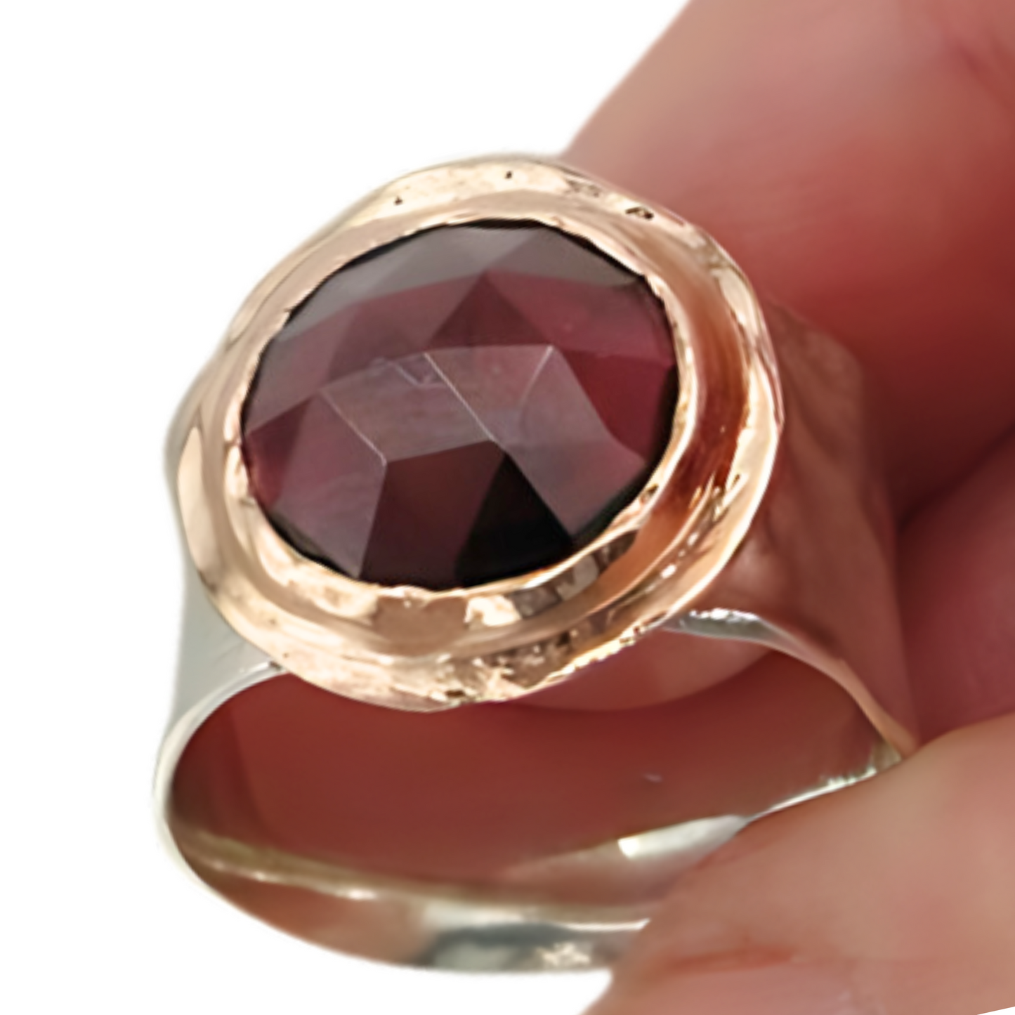 Sculptural sterling silver Ring with Natural Garnet gemstones, decorated with 9K Red Gold<br>Wide Ring, silver & gold ring, statement ring.