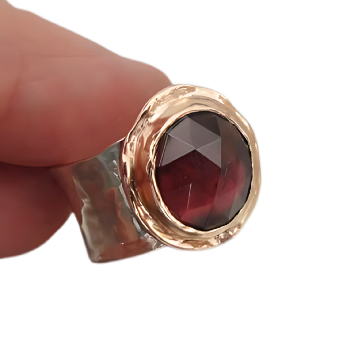 Sculptural sterling silver Ring with Natural Garnet gemstones, decorated with 9K Red Gold<br>Wide Ring, silver & gold ring, statement ring.