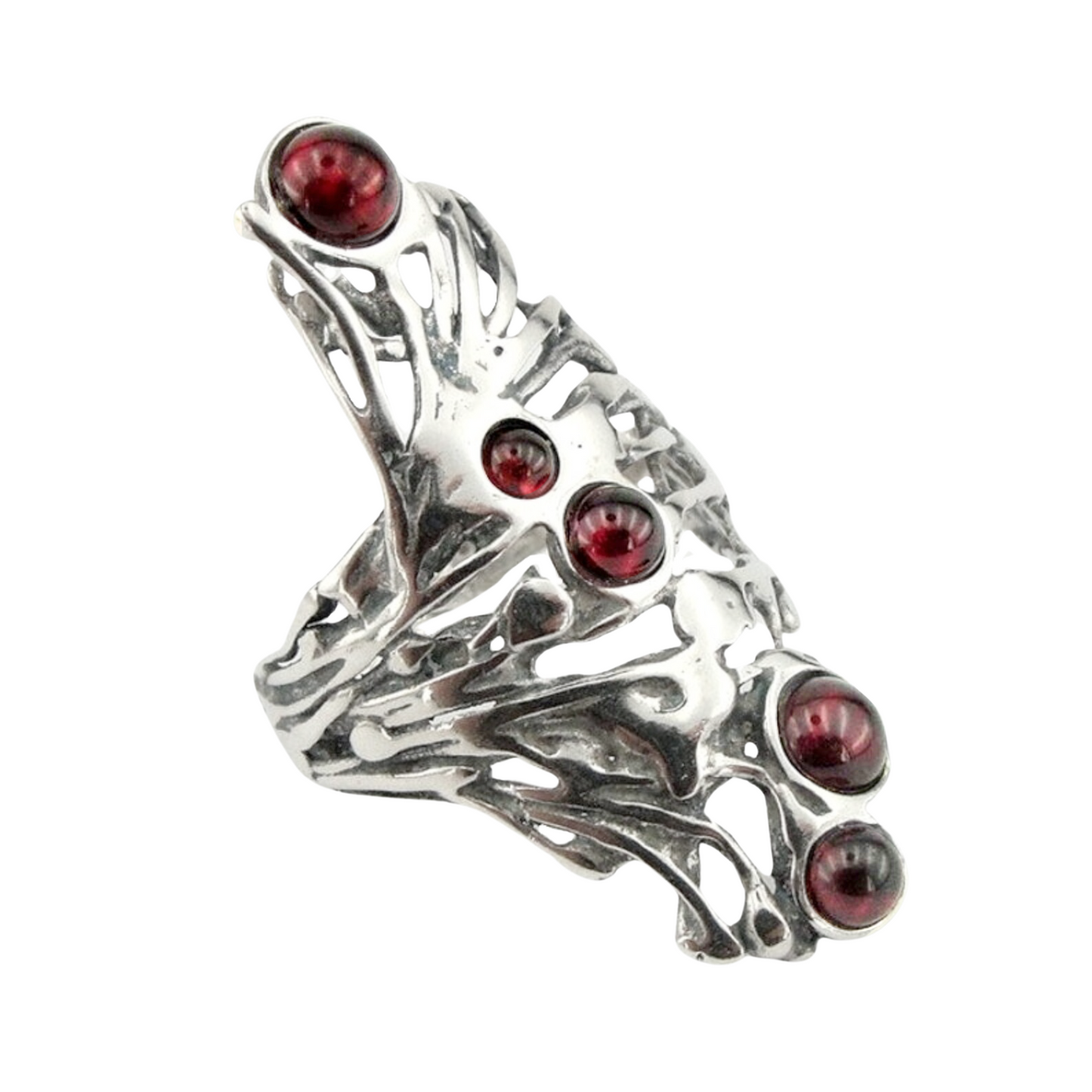 Garnet Ring, Long Sterling Silver and Garnet Ring, Israeli Jewelry, Unisex Ring, Long Finger Ring, Multi Gemstones Ring