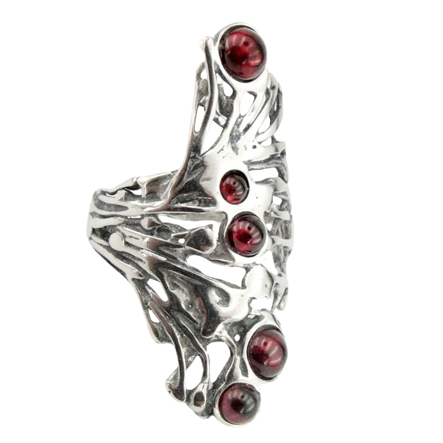 Garnet Ring, Long Sterling Silver and Garnet Ring, Israeli Jewelry, Unisex Ring, Long Finger Ring, Multi Gemstones Ring