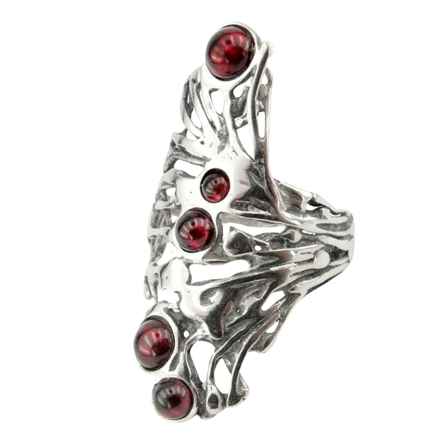 Garnet Ring, Long Sterling Silver and Garnet Ring, Israeli Jewelry, Unisex Ring, Long Finger Ring, Multi Gemstones Ring