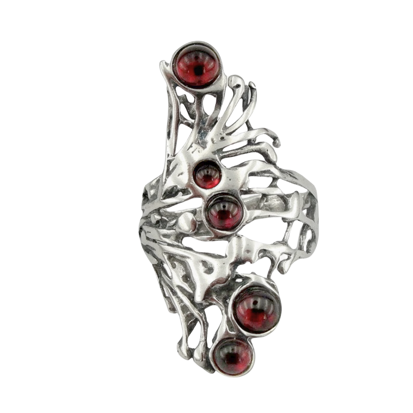 Garnet Ring, Long Sterling Silver and Garnet Ring, Israeli Jewelry, Unisex Ring, Long Finger Ring, Multi Gemstones Ring