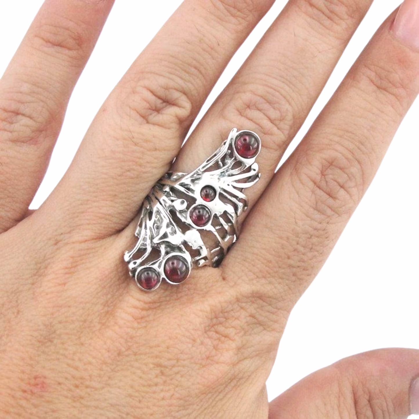 Garnet Ring, Long Sterling Silver and Garnet Ring, Israeli Jewelry, Unisex Ring, Long Finger Ring, Multi Gemstones Ring