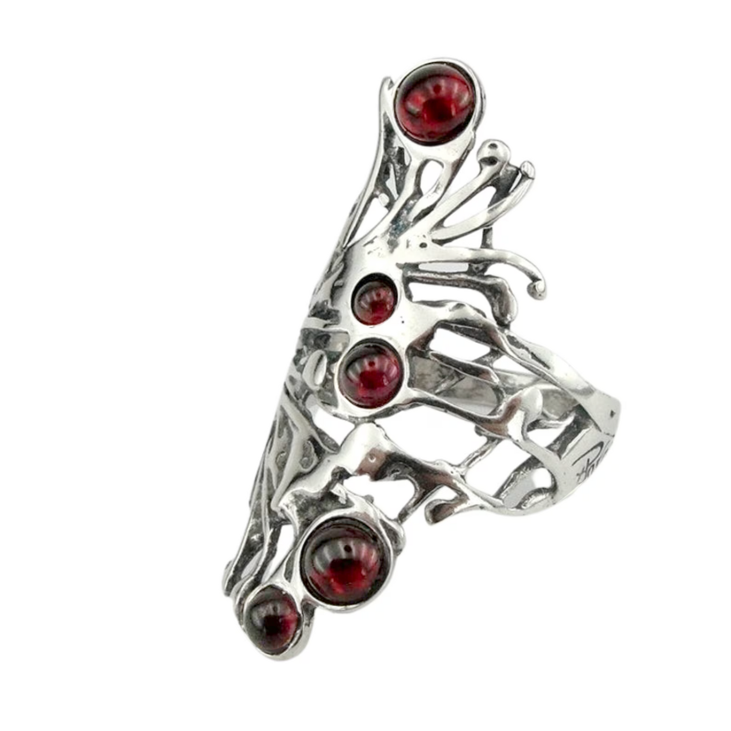Garnet Ring, Long Sterling Silver and Garnet Ring, Israeli Jewelry, Unisex Ring, Long Finger Ring, Multi Gemstones Ring