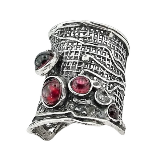 Garnet Ring, Wide Sterling Silver Ring With Garnet Gemstones, Net Textured Ring, Multi Gemstones Ring, Made in Israel