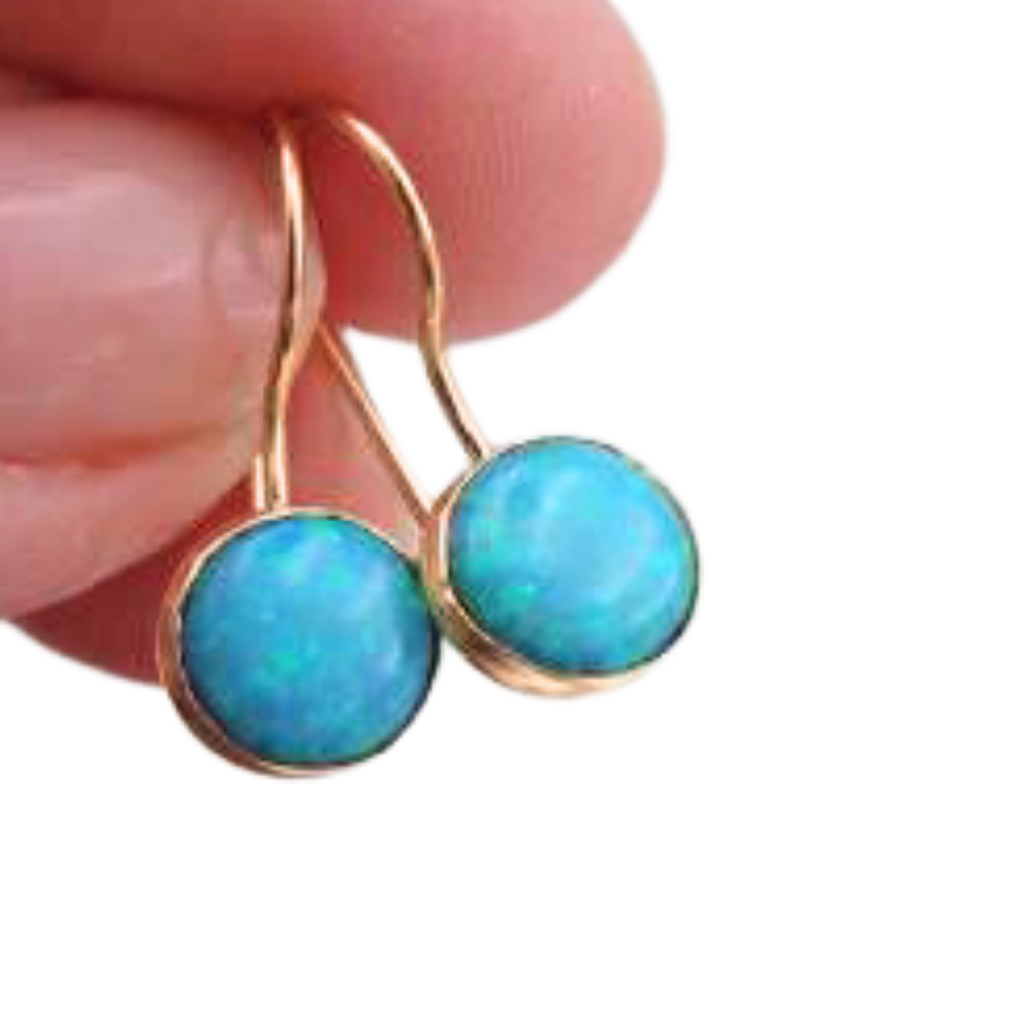 Hadar Designers Handmade Classy 9k/14k Gold 8mm Blue Opal Dangle Earrings October Birthstone