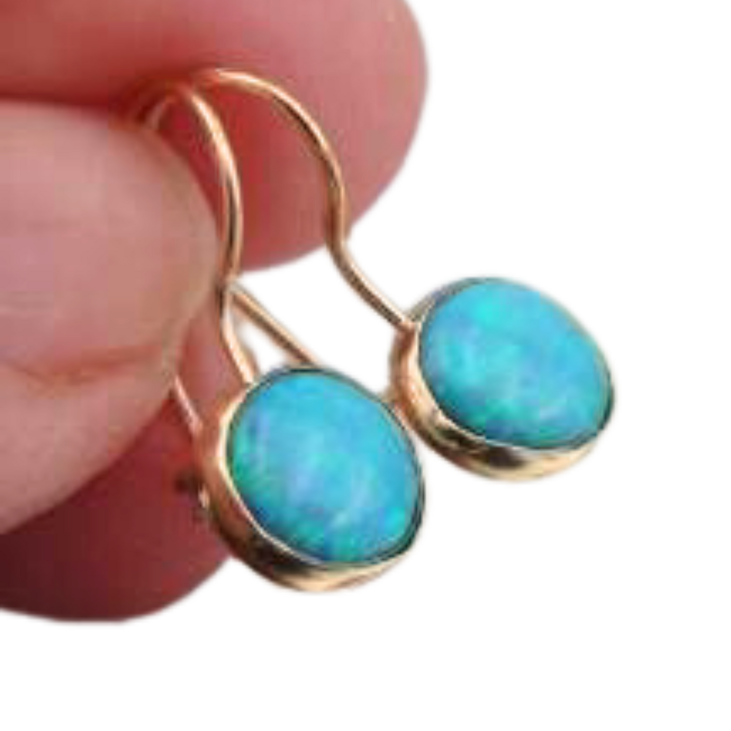 Hadar Designers Handmade Classy 9k/14k Gold 8mm Blue Opal Dangle Earrings October Birthstone