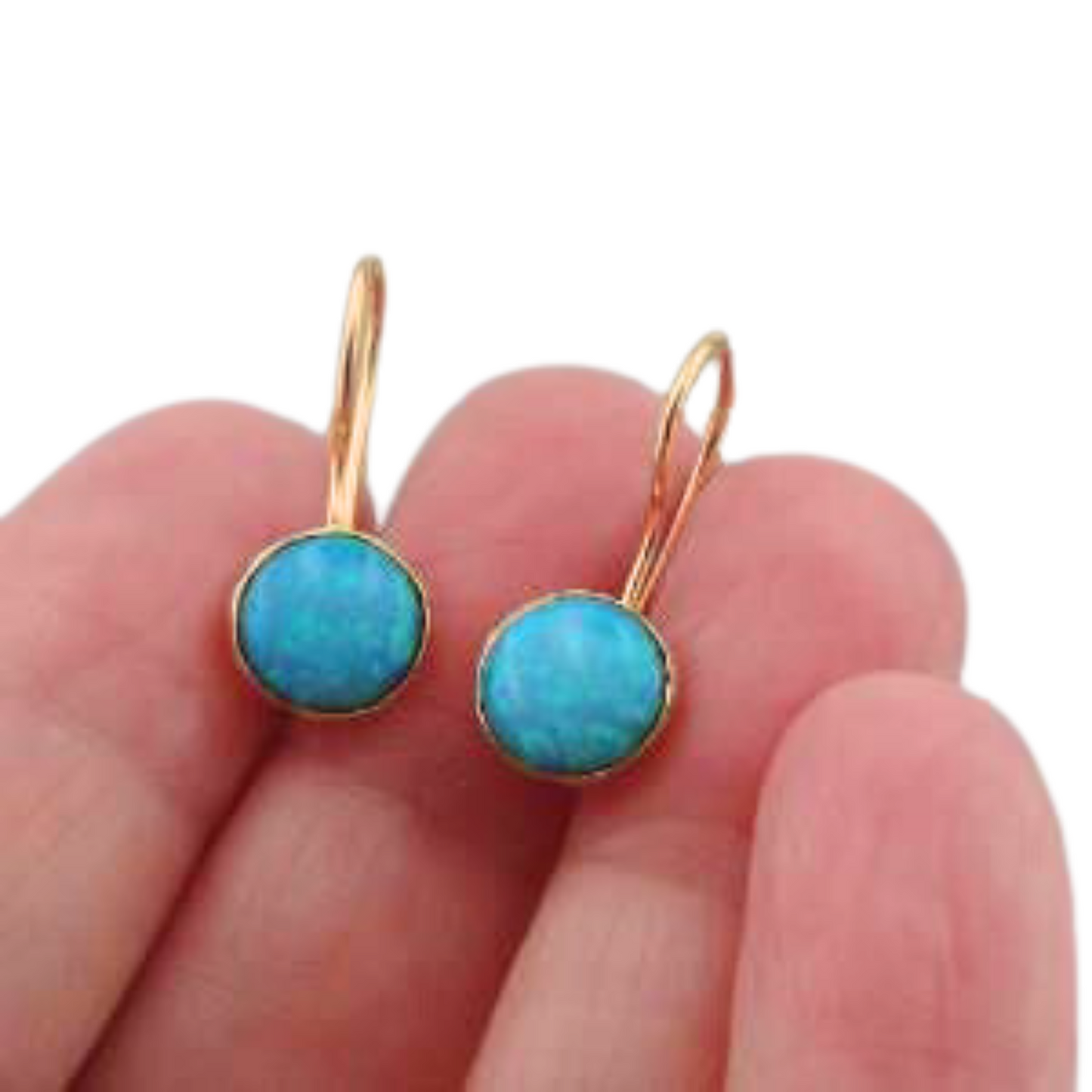 Hadar Designers Handmade Classy 9k/14k Gold 8mm Blue Opal Dangle Earrings October Birthstone