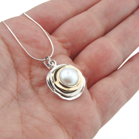 Pearl pendant, Round pearl pendant, Silver and gold Pendant, Pearl necklace, Israeli jewelry, Israeli design, gift for her, Pearl necklace