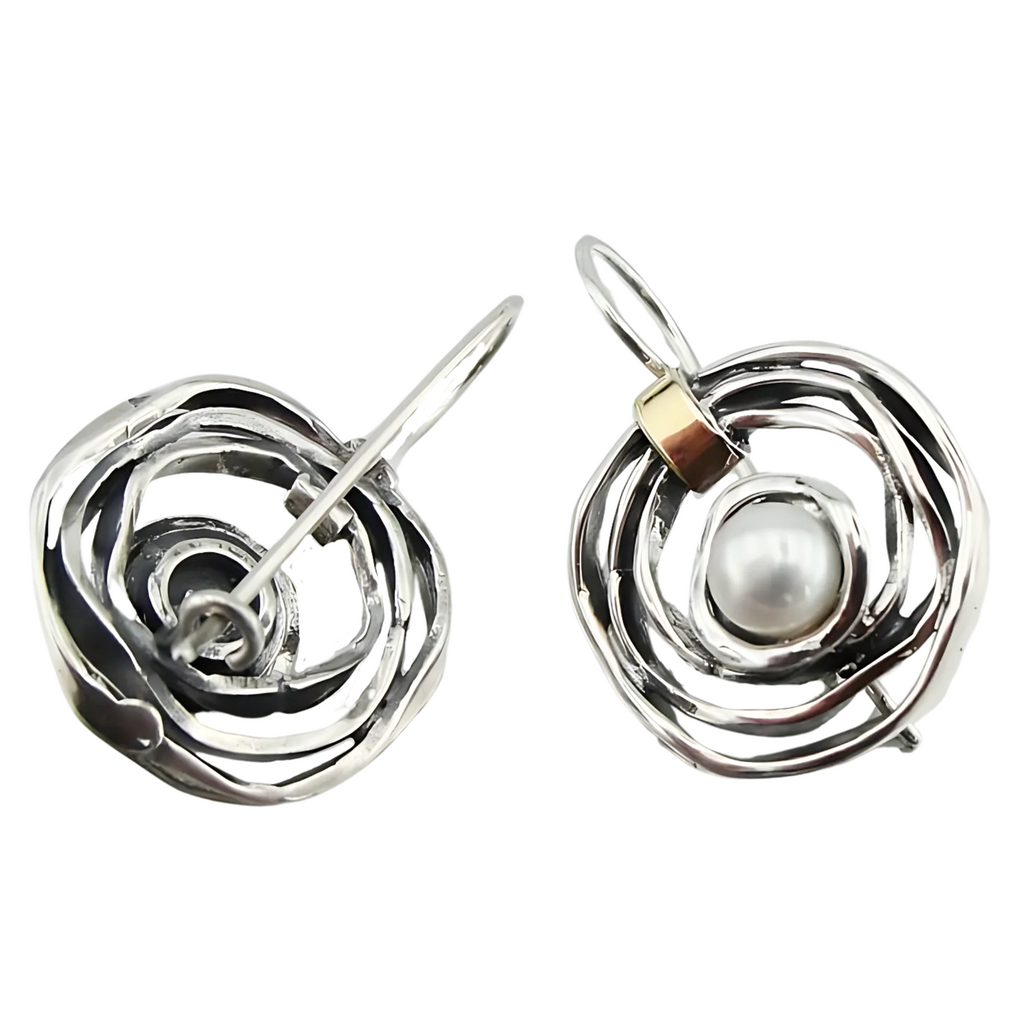 Elegant, handcrafted sterling silver earrings with a sophisticated open spiral design, featuring lustrous freshwater pearls as centerpieces and accented with delicate touches of yellow gold. These unique earrings, designed by Hadar Jewelry, blend modern aesthetics with timeless luxury, perfect for adding a refined, statement look to any ensemble.