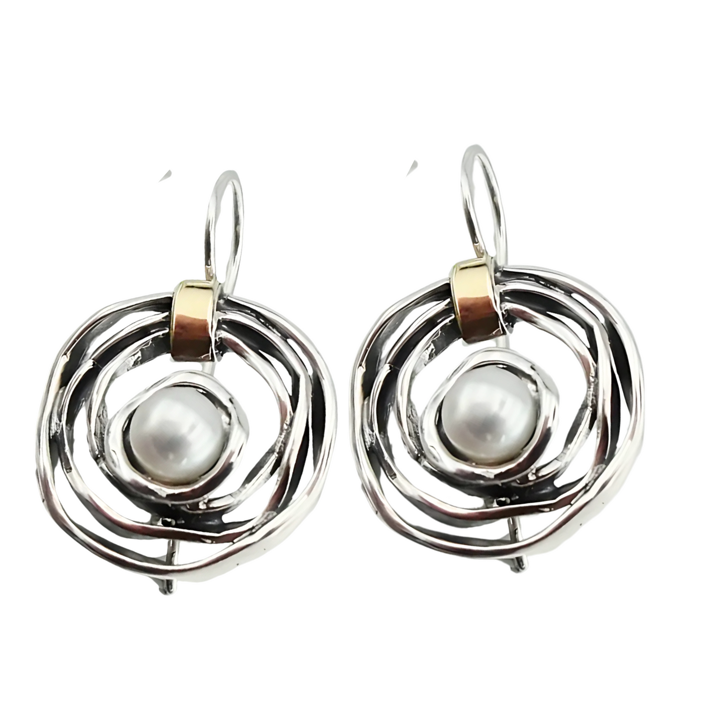 Elegant, handcrafted sterling silver earrings with a sophisticated open spiral design, featuring lustrous freshwater pearls as centerpieces and accented with delicate touches of yellow gold. These unique earrings, designed by Hadar Jewelry, blend modern aesthetics with timeless luxury, perfect for adding a refined, statement look to any ensemble.