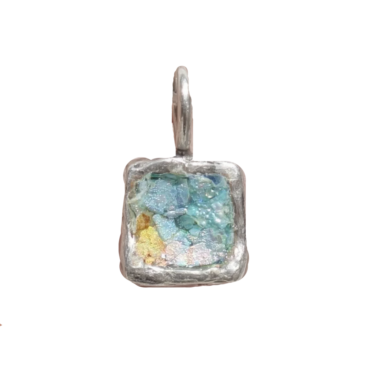 Roman glass pendant featuring genuine 2000-year-old antique Roman glass set in 925 sterling silver, crafted in Israel. This unique square pendant showcases a piece of ancient history, blending historic charm with modern elegance. Perfect for those who appreciate meaningful jewelry, this sterling silver Roman glass pendant includes a 44cm chain, making it an ideal statement piece for both daily wear and special occasions. Designed as a timeless accessory, this artisan-crafted pendant highlights the natural b