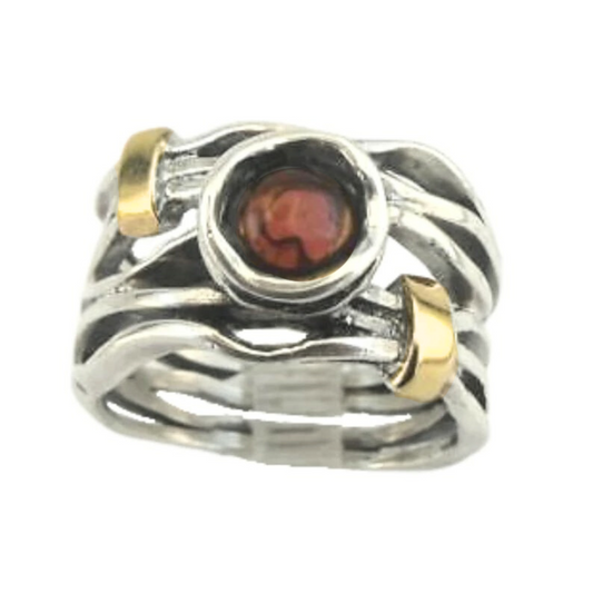 Wide Sterling Silver Garnet Ring with Gold