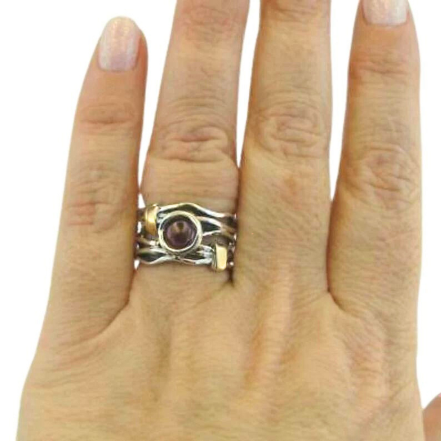 Wide Sterling Silver Garnet Ring with Gold