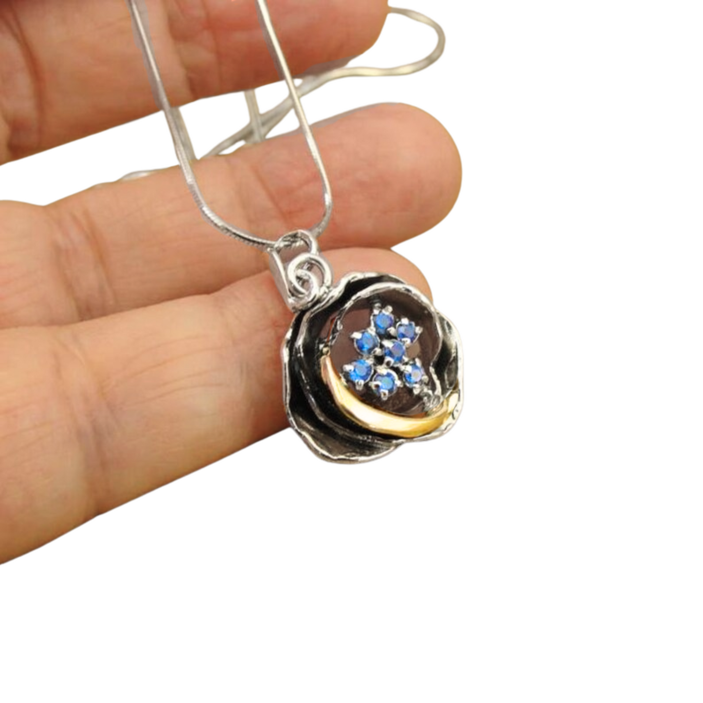 Rose shape silver & Gold Pendant decorated with white Blue CZ gemstone.