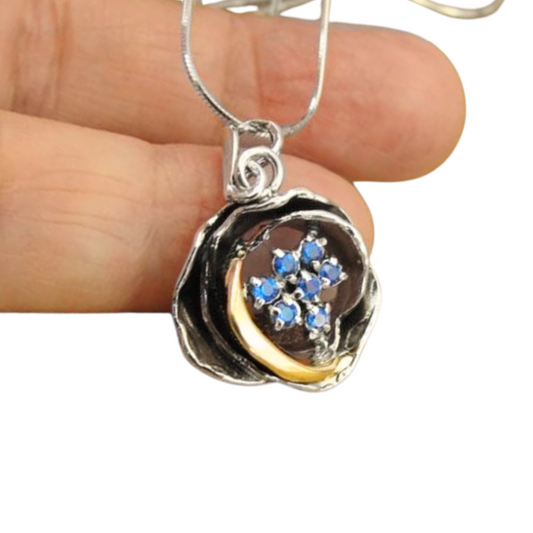Rose shape silver & Gold Pendant decorated with white Blue CZ gemstone.