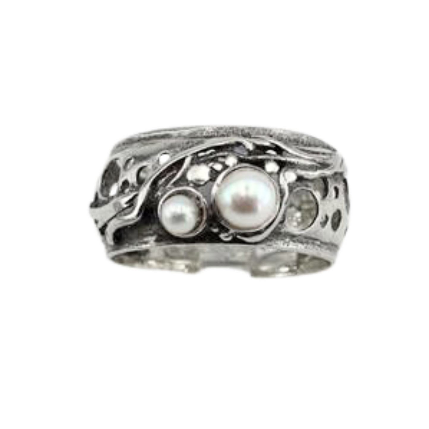Solid silver ring with genuine natural pearls, Israeli jewelry, Israeli design, wide ring, men ring, unisex ring, pearl ring