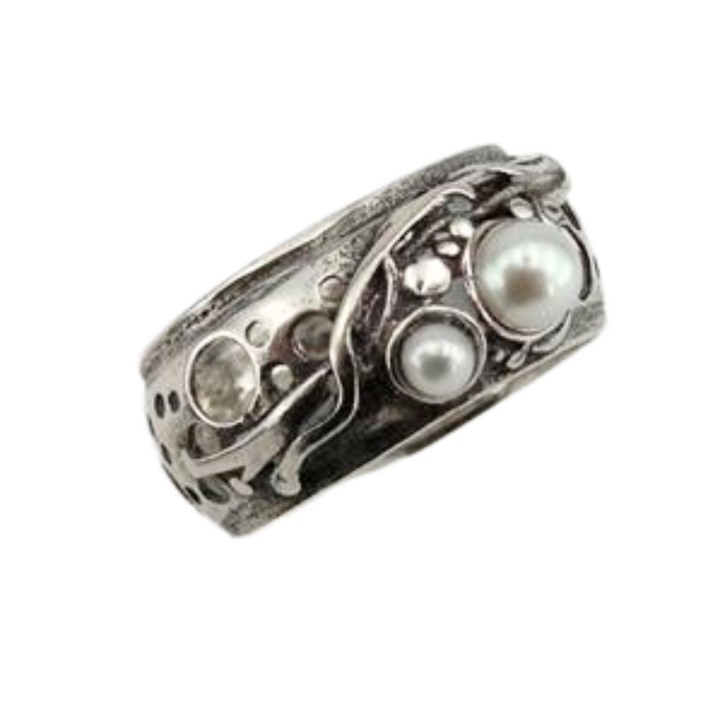 Solid silver ring with genuine natural pearls, Israeli jewelry, Israeli design, wide ring, men ring, unisex ring, pearl ring