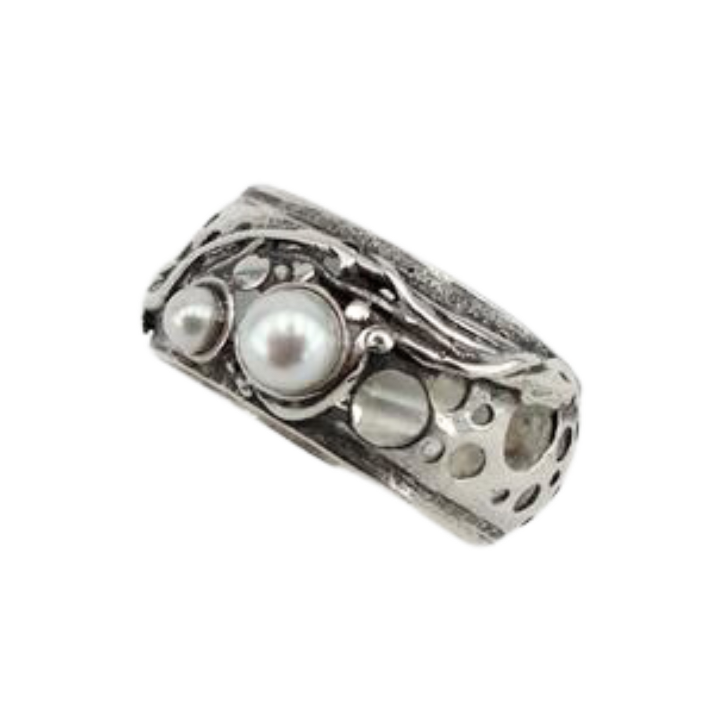 Solid silver ring with genuine natural pearls, Israeli jewelry, Israeli design, wide ring, men ring, unisex ring, pearl ring