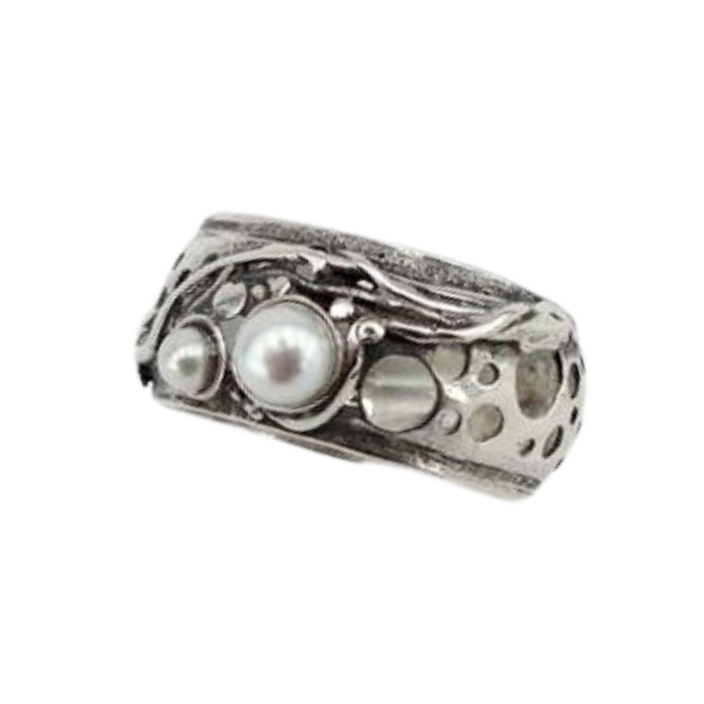 Solid silver ring with genuine natural pearls, Israeli jewelry, Israeli design, wide ring, men ring, unisex ring, pearl ring