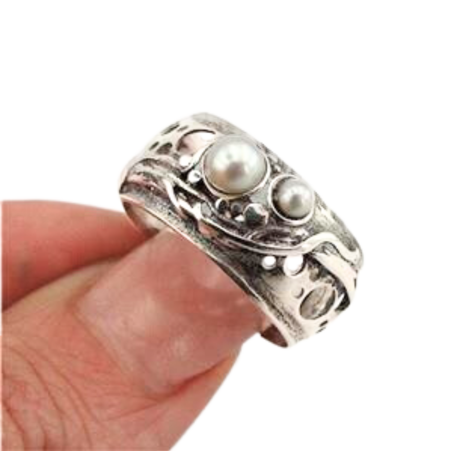 Solid silver ring with genuine natural pearls, Israeli jewelry, Israeli design, wide ring, men ring, unisex ring, pearl ring