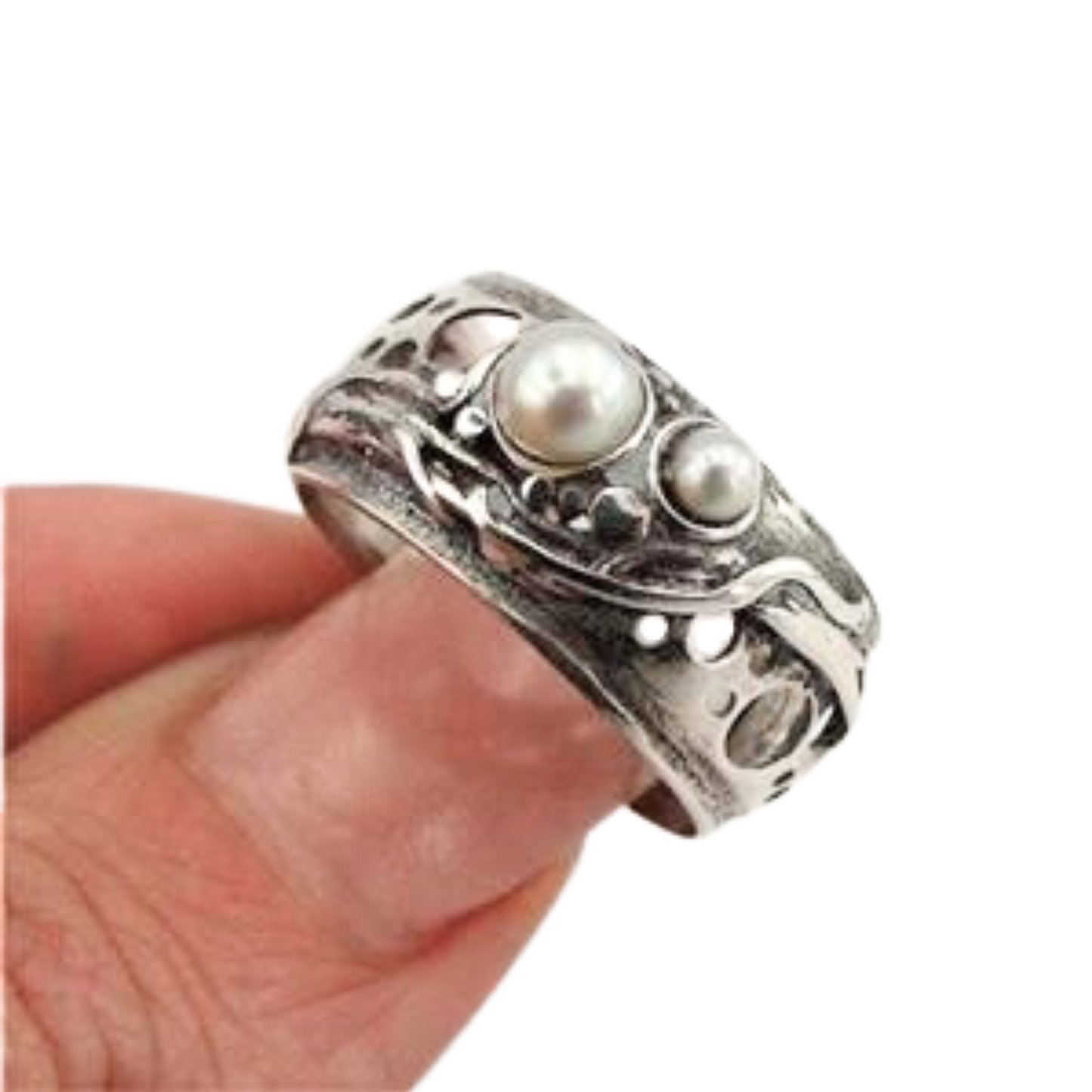 Solid silver ring with genuine natural pearls, Israeli jewelry, Israeli design, wide ring, men ring, unisex ring, pearl ring