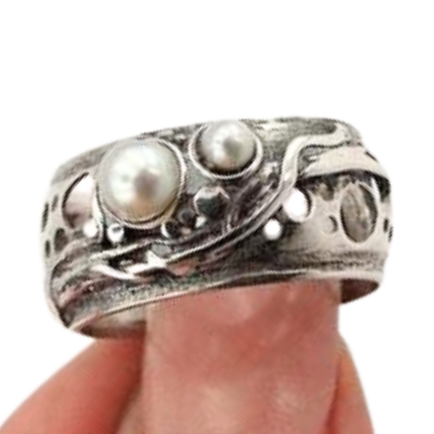 Solid silver ring with genuine natural pearls, Israeli jewelry, Israeli design, wide ring, men ring, unisex ring, pearl ring