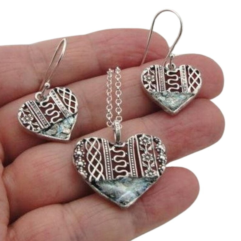 Heart shape Sterling Silver and Roman Glass Earrings, Filigree Earrings