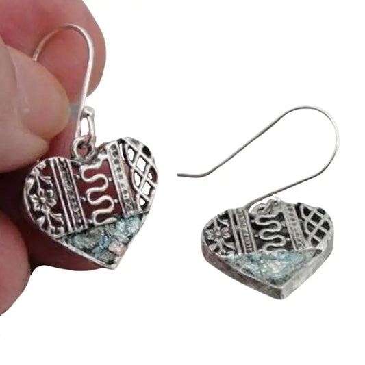 Heart shape Sterling Silver and Roman Glass Earrings, Filigree Earrings