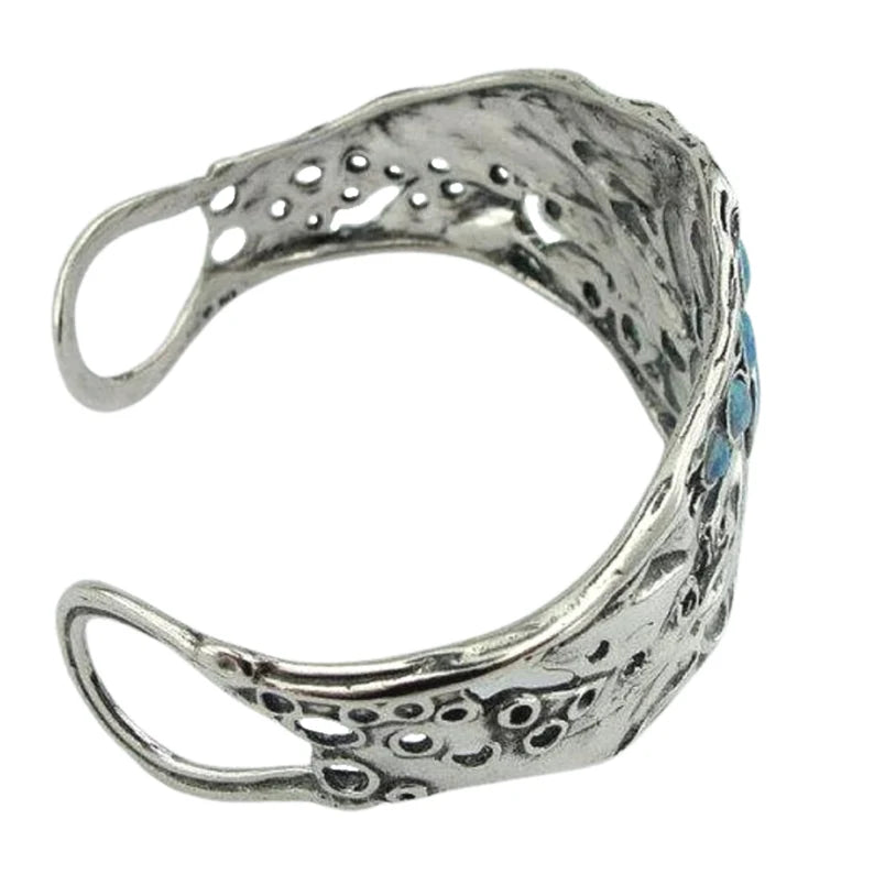 Solid Wide Sterling Silver Blue Opal Cuff Bracelet Made in Israel Fine Israeli Jewelry