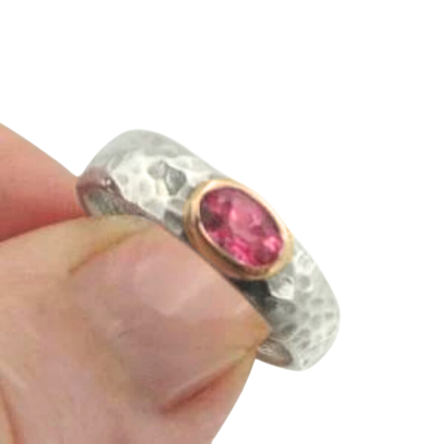 Tourmaline Ring, Pink Tourmaline Sterling Silver Ring With Yellow Gold, Delicate Pink Gemstone, Silver and Gold, Israeli Jewelry