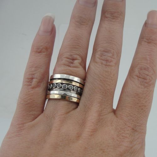 Hadar Designers Handmade 9k Yellow Gold 925 Silver CZ Swivel Ring (I r550