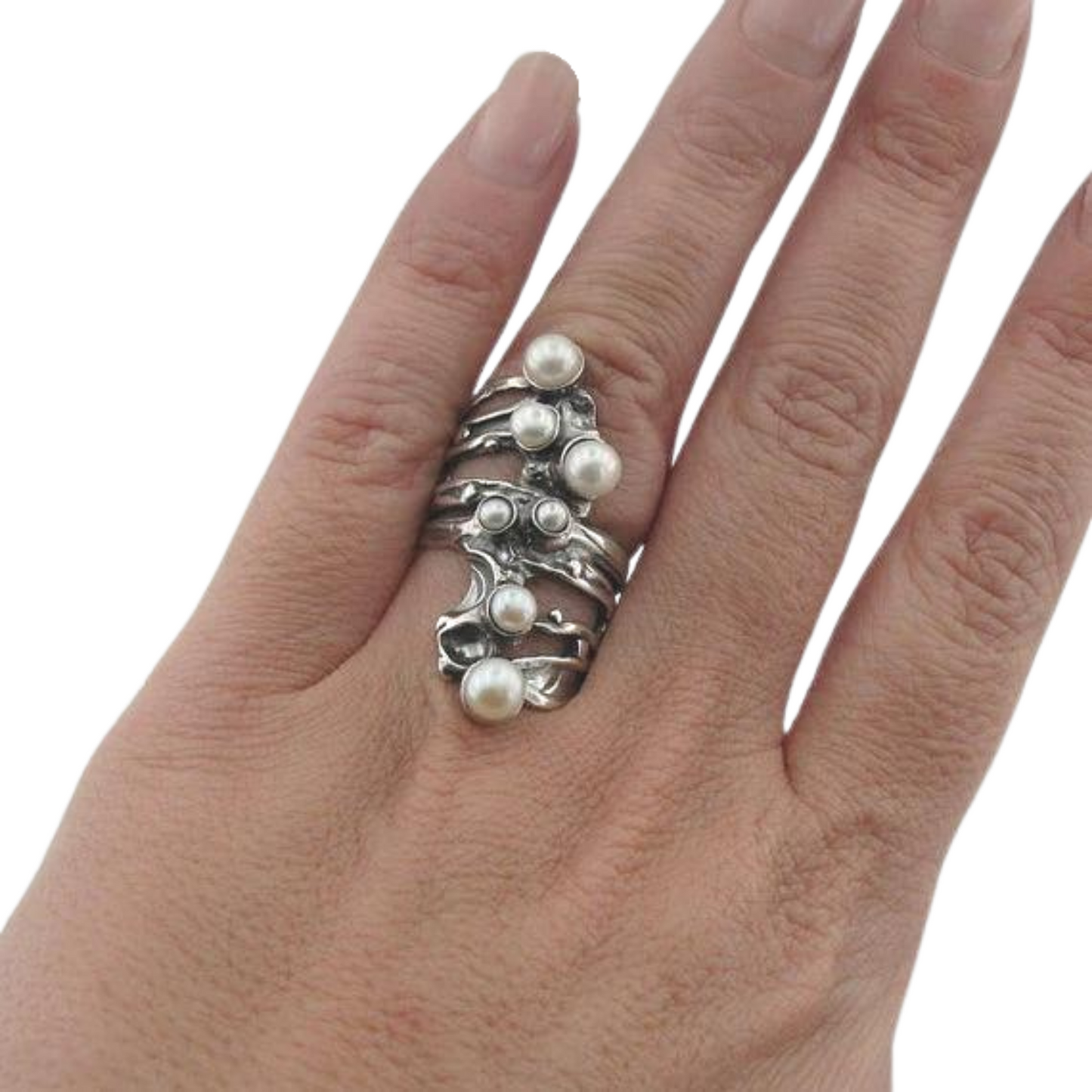 Long Sterling Silver Ring with Fresh Water Natural White Pearls, is a high-quality sterling silver massive ring.