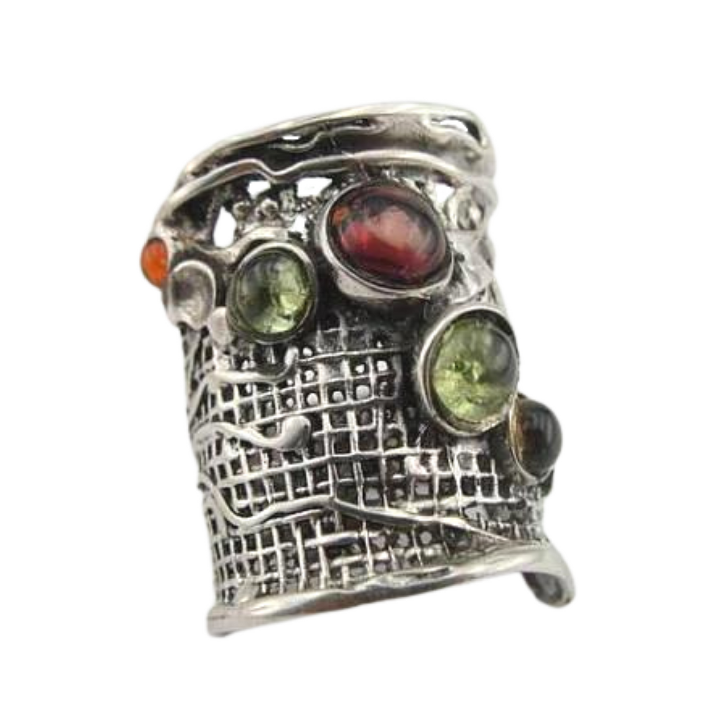 handcrafted sterling silver ring from the 'Nets' collection, featuring a wide silver band with intricate net detailing and six natural gemstones, including tourmaline, garnet, and citrine. The ring displays a unique, artistic design with vibrant green, red, and amber gemstones set against an oxidized silver background, creating a bold, textured statement piece