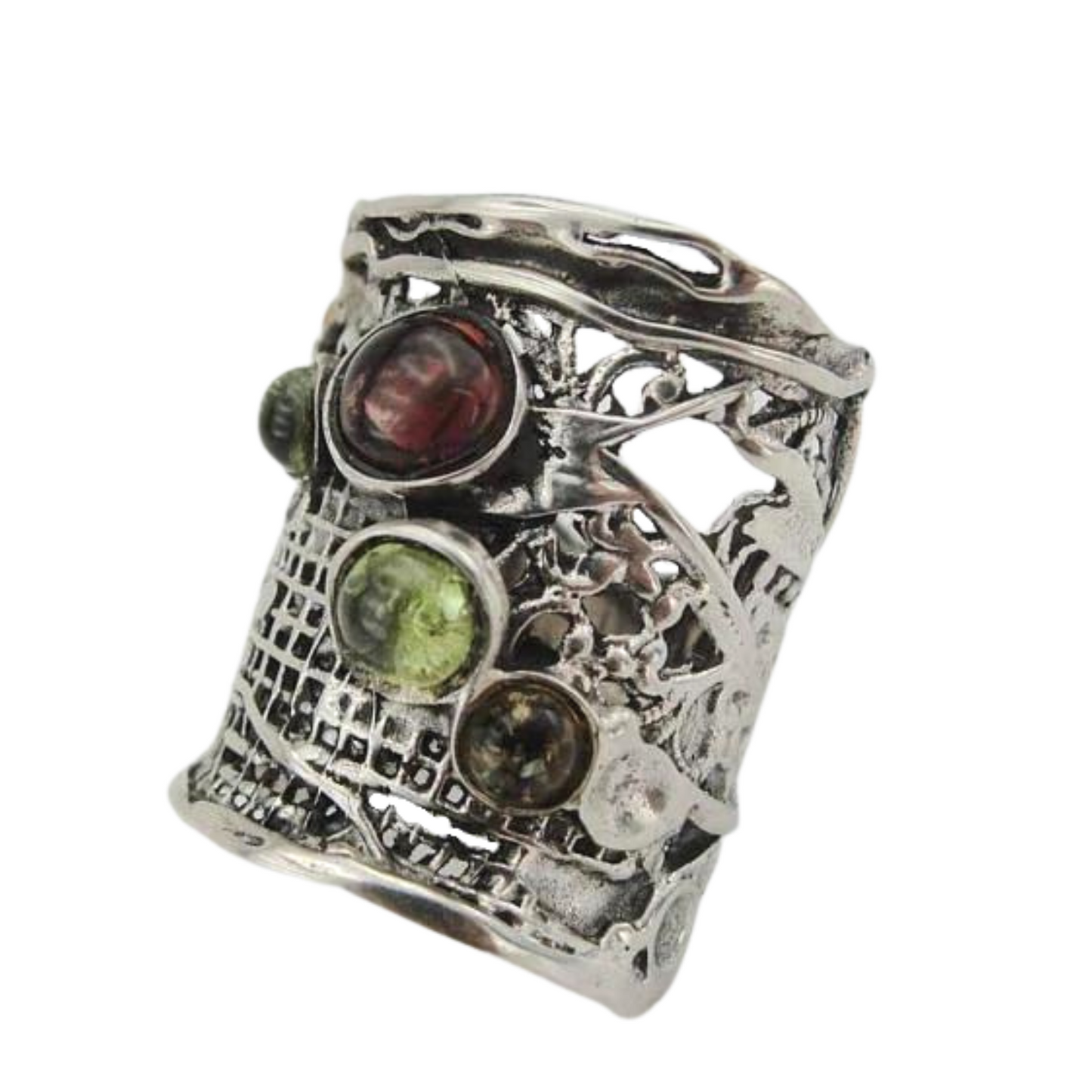 handcrafted sterling silver ring from the 'Nets' collection, featuring a wide silver band with intricate net detailing and six natural gemstones, including tourmaline, garnet, and citrine. The ring displays a unique, artistic design with vibrant green, red, and amber gemstones set against an oxidized silver background, creating a bold, textured statement piece