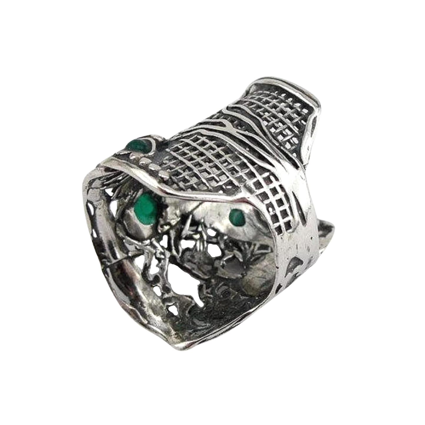 handcrafted sterling silver ring from the 'Nets' collection, featuring a wide silver band with intricate net detailing and six natural gemstones, including tourmaline, garnet, and citrine. The ring displays a unique, artistic design with vibrant green, red, and amber gemstones set against an oxidized silver background, creating a bold, textured statement piece