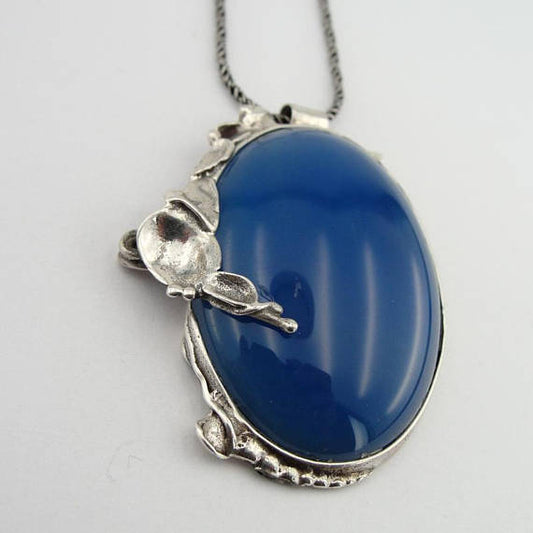 Blue Agate Pendant Handmade Large 925 Sterling Silver